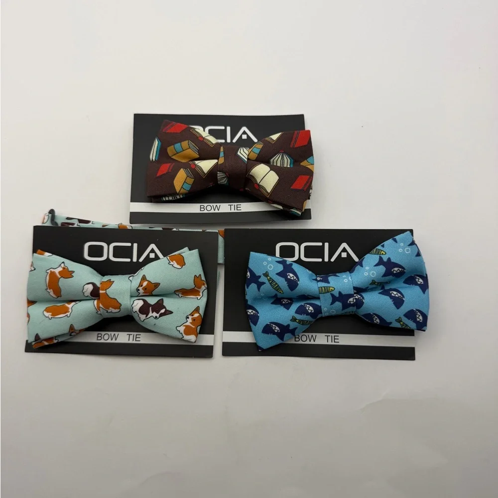 Three 4” Mixed Pattern Youth Bow Ties Attaches To Any Collar Handmade NWT
